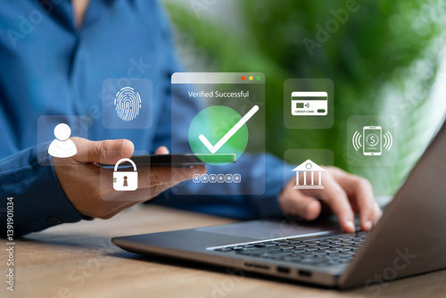 Two-step online authentication concept, Women use a laptop login to the security system and Verify Success on a smartphone, Personal info, Banking, Money transfer, Fingerprint, Global Security
