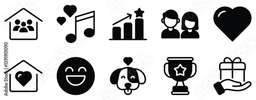 Happiness Icon Set Solid Style Collection representing joy positivity and emotional well-being suitable for wellness apps lifestyle brands and motivational content