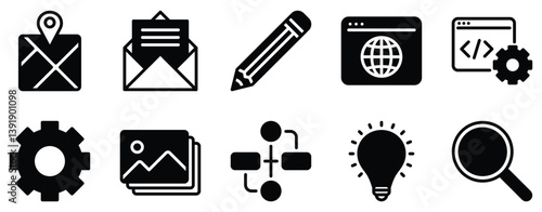 Marketing and Design Icon Set Solid Style Collection representing branding creativity and promotional strategies suitable for advertising agencies digital marketing and design platforms