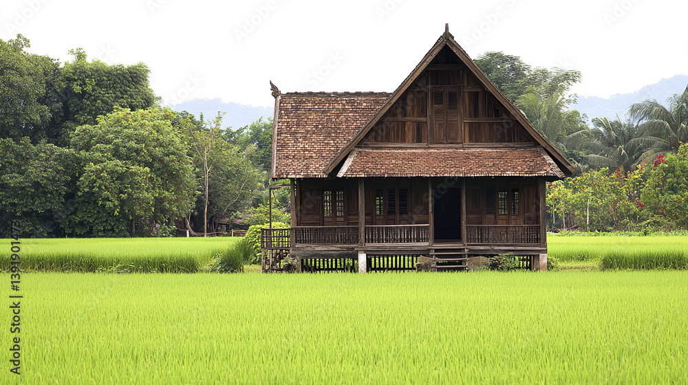 charming wooden Thai village house with steep roof in lush green fields