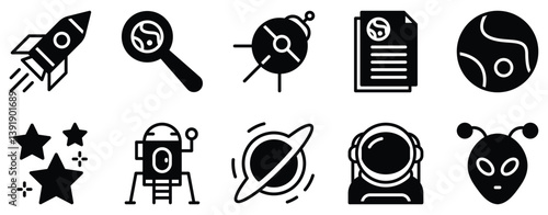 Galaxy Explorer Icon Set Solid Style Collection representing space exploration and cosmic discovery suitable for astronomy apps educational tools and sci-fi themed projects