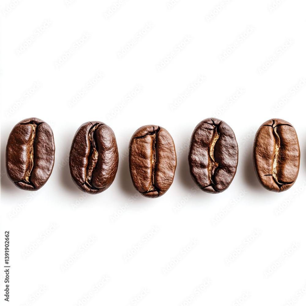 Obraz premium Closeup view of five dark roasted coffee beans arranged in a line against a bright white background. The image highlights the beans rich color and textures.