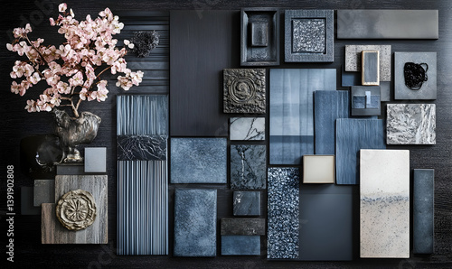 Dark blue material samples & decor. Design inspiration mood board