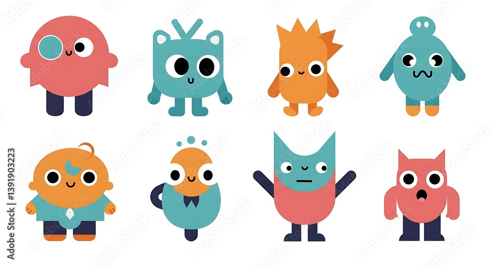 Fototapeta premium Whimsical Monster Squad: Flat Design Delight AI Generated