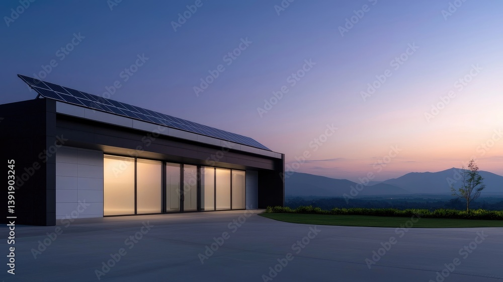 Modern sustainable home at dawn. Spacious contemporary residence with solar panels and expansive windows, overlooking a scenic landscape Modern sustainable home at dawn. Spacious contemporary residence with solar panels and expansive windows, overlooking a scenic landscape