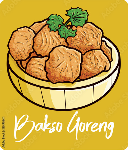 Bakso goreng, a traditional meat balls cuisine from Indonesia in funny cartoon style.