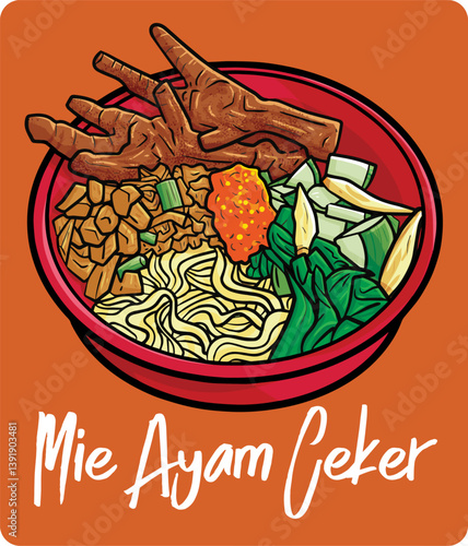 Mie ayam ceker, a traditional noodle cuisine from Indonesia in funny cartoon style.