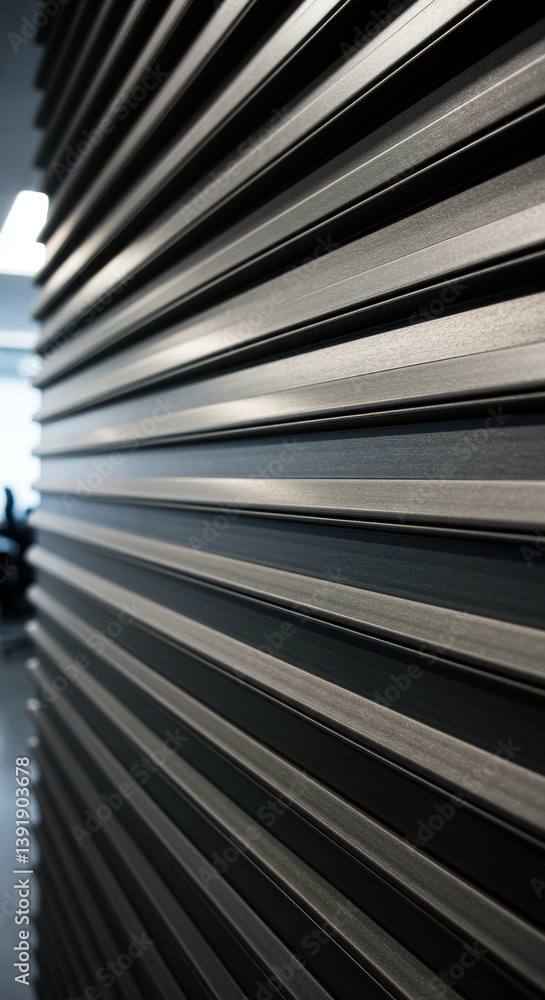 Obraz premium Abstract Ribbed Wall Texture: Modern Interior Design with Linear Gray Metal Panels, Architecture Details, and Light Play