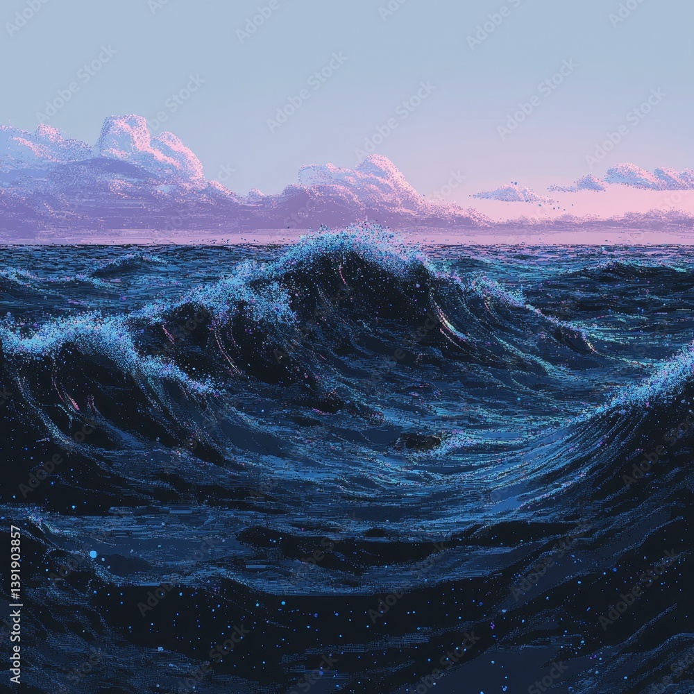 Fototapeta premium Ocean waves crash under a pastel sky with clouds near