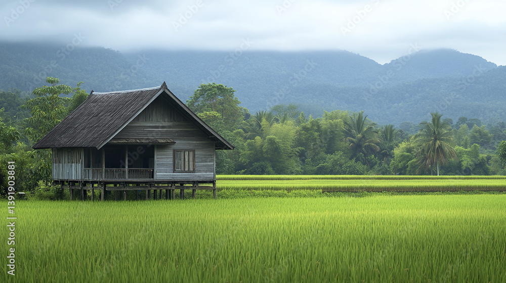 charming wooden Thai village house with steep roof in lush green fields charming wooden Thai village house with steep roof in lush green fields