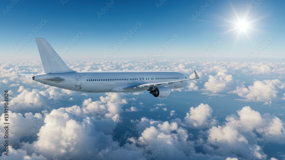 Obraz premium Airplane soars above fluffy clouds under bright sunlight in the blue sky.