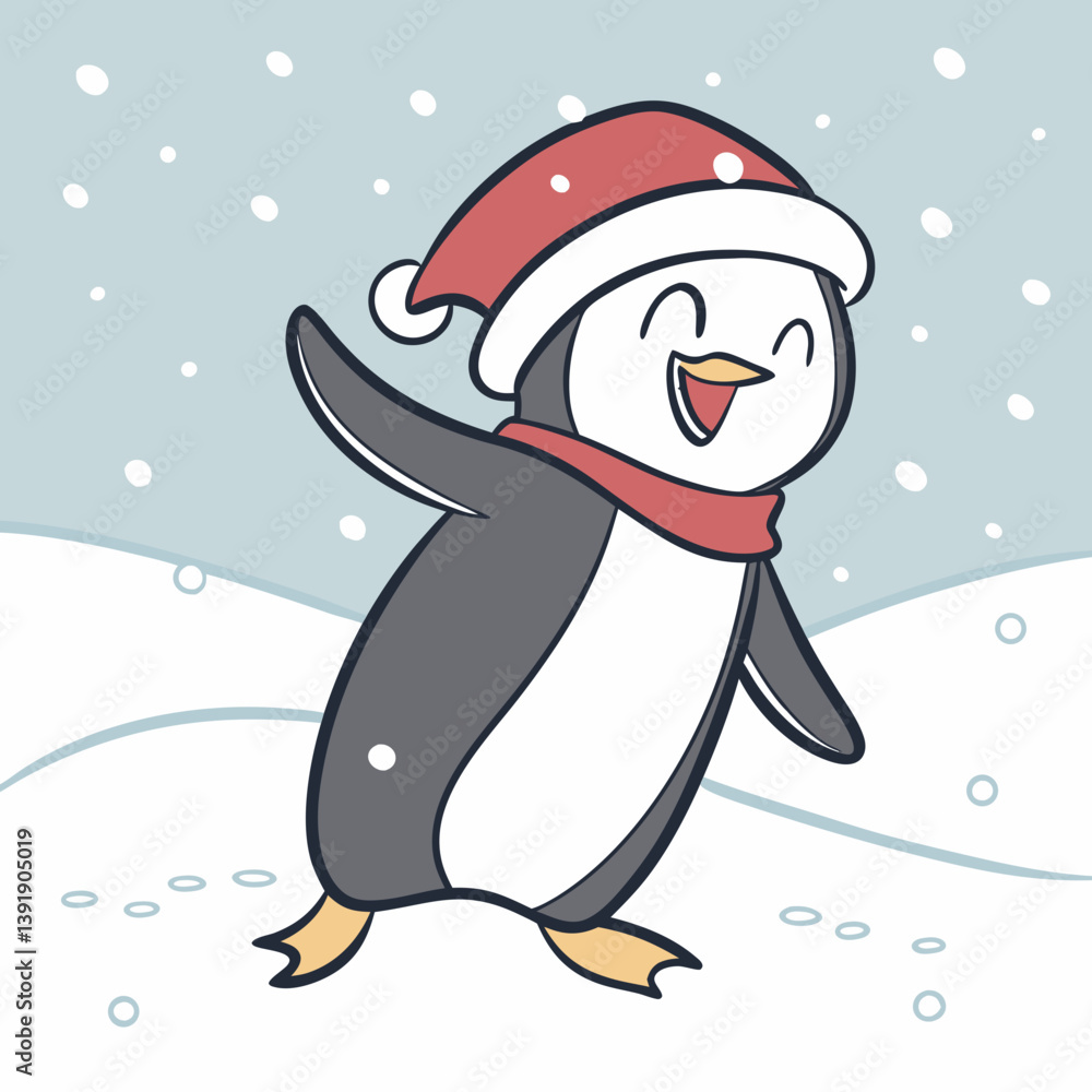 Fototapeta premium Dancing Penguin with Santa Hat in Snow – Cute Christmas Winter Vector Illustration