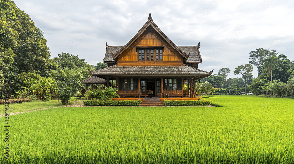 Obraz premium charming wooden Thai village house with steep roof stands amid lush greenery