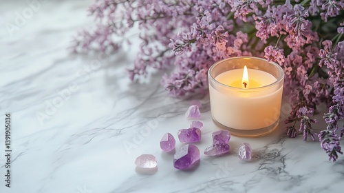 Relaxing Ambiance Created by a Lit Candle and Purple Flowers on a Marble Surface