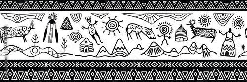 Ethnic seamless border on the theme of rock paintings, petroglyphs and geometric pattern, vector design, banner