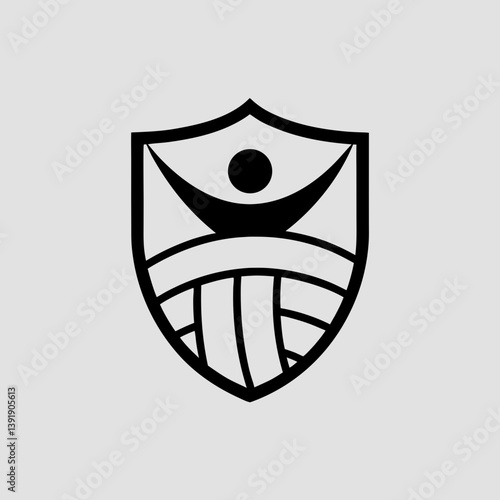 minimalist black and white logo for a volleyball team, with a clean outline of a spiking player silhouette above a net, inside a shield emblem