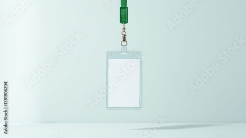 Blank identification card hanging from green lanyard