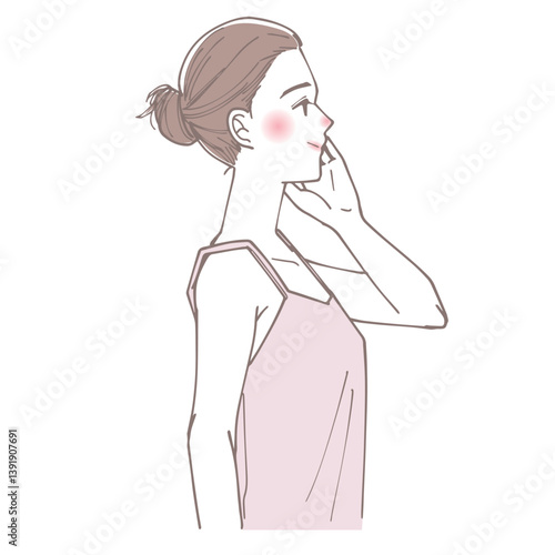 ほおに手をやっている女性の横顔イラスト