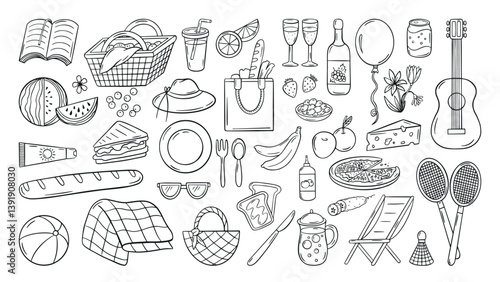 Doodle picnic. Rest in park food elements, picnic basket, fruits, plaid. Hand drawn outdoor resting items, family or friends leisure in garden, neoteric vector set