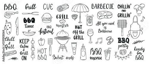 Bbq lettering. Barbeque handwritten phrases, grill and food. Picnic time, meat vegetables drinks. Fresh ingredients and text, neoteric black vector clipart