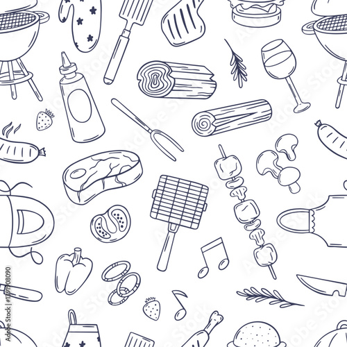 Doodle bbq seamless pattern. Grill accessories, food, meat and vegetables. Fabric wallpaper wrapping hand drawn print design, neoteric vector background