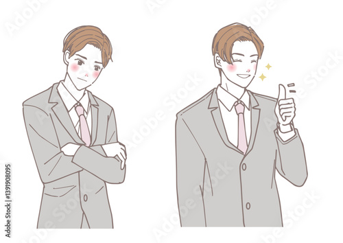 考えている男性と喜んでいる男性のセット