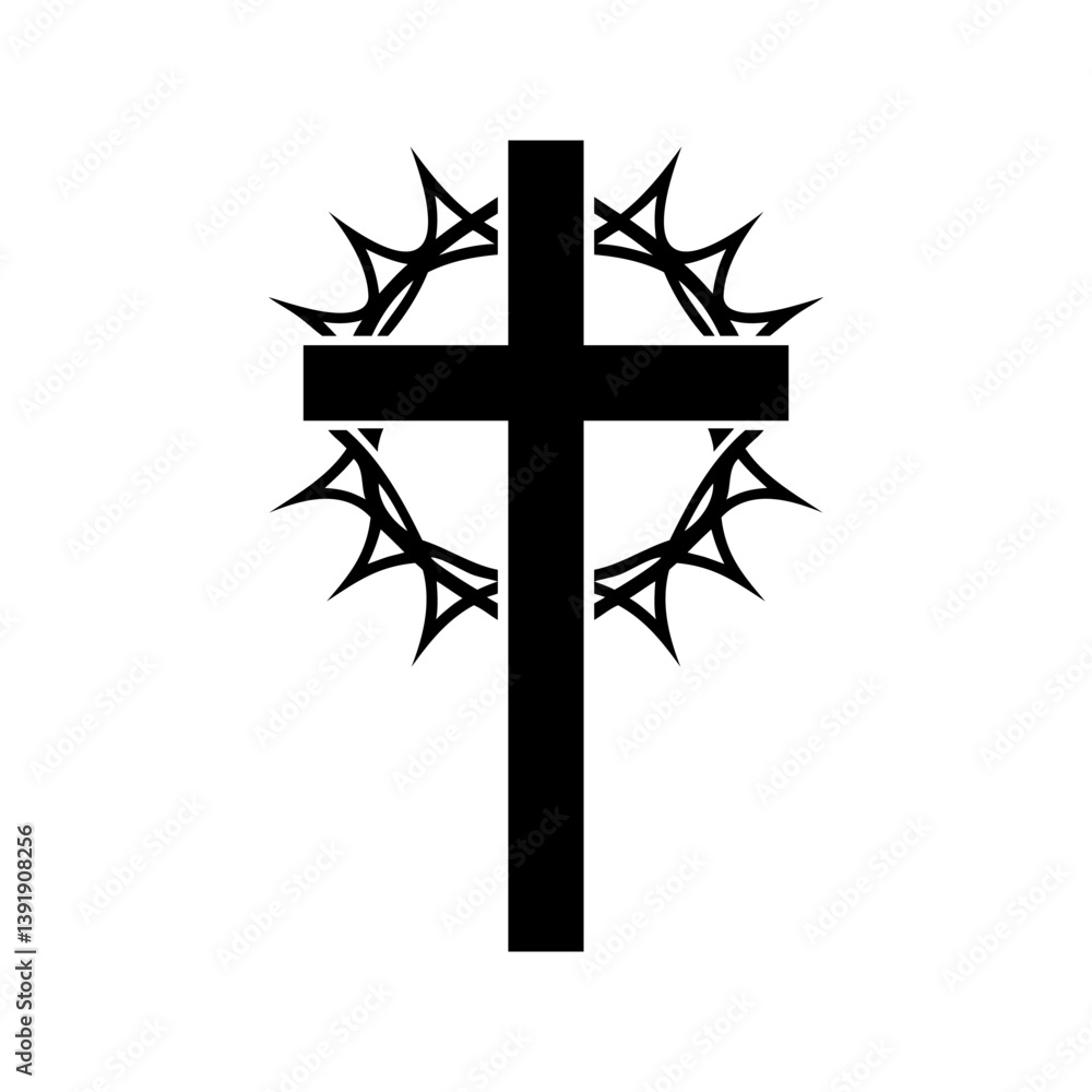 Cross with crown of thorns icon. Black silhouette cross in thorns on white background. Vector illustration.