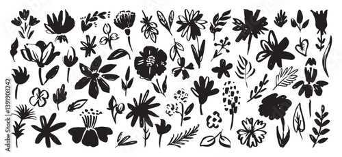 Ink brush drawing flower. Dirty plants, flowers leaves branches. Hand drawn floral elements, messy abstract drawing style. Botanical art neoteric vector set