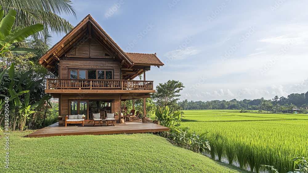 charming wooden Thai village house with steep roof by lush rice fields charming wooden Thai village house with steep roof by lush rice fields