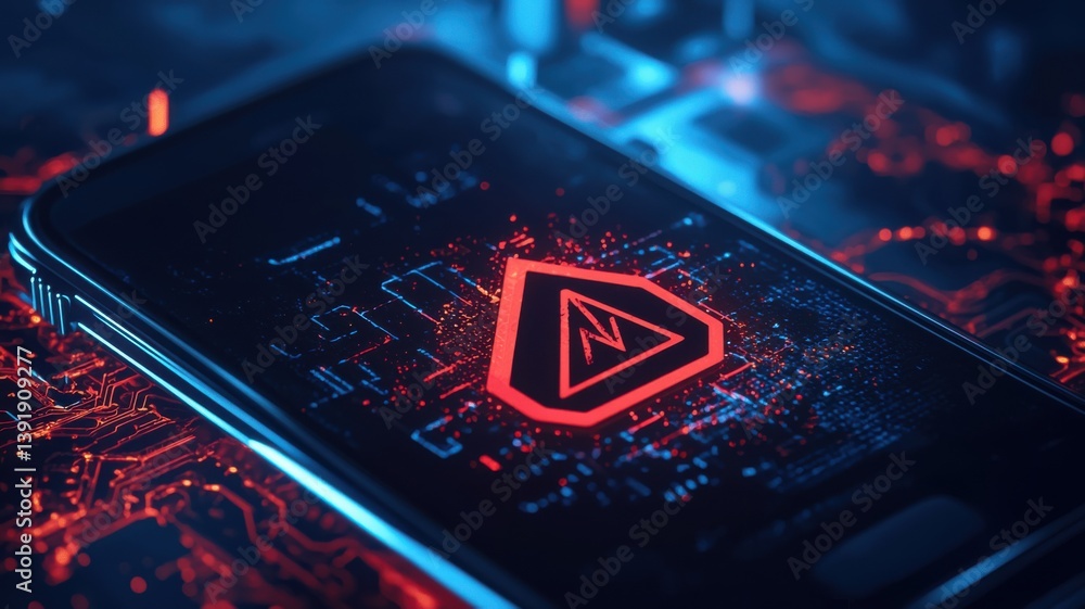 A futuristic smartphone displays a vibrant circuit design, featuring a prominent red warning symbol against a backdrop of glowing blue circuitry. A futuristic smartphone displays a vibrant circuit design, featuring a prominent red warning symbol against a backdrop of glowing blue circuitry.