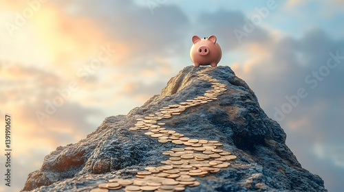 Piggy bank atop coin path mountain peak, sunset. Financial success concept