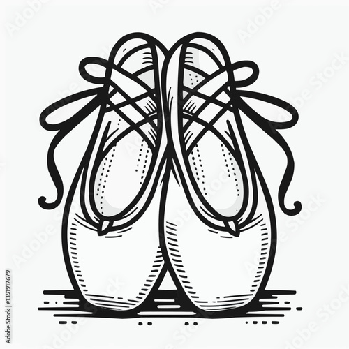Classic illustration of ballet pointe shoes tied with ribbons in a detailed line art style
