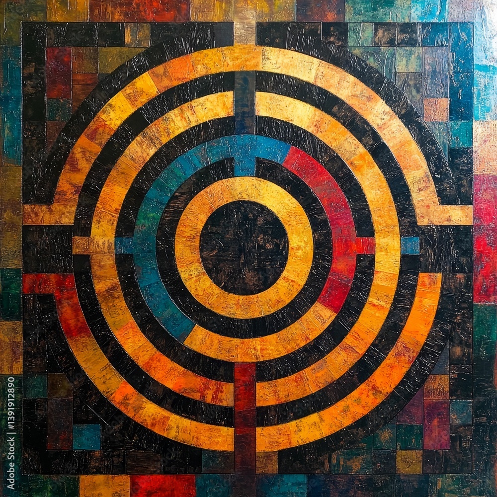 Abstract art featuring concentric circles and square patterns in various Abstract art featuring concentric circles and square patterns in various