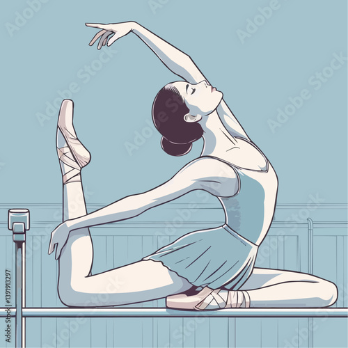 Dynamic illustration of a ballerina stretching in an elegant pose at the ballet barre