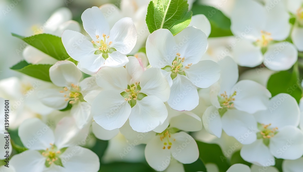 Close-up of white blossoms with green leaves in soft focus. Close-up of white blossoms with green leaves in soft focus.