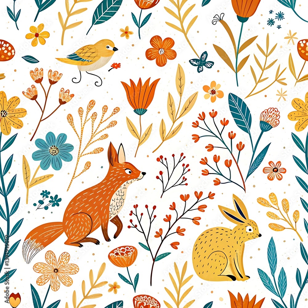 Charming Floral Fox Rabbit Bird Pattern Design Illustration art cute blue card gift kids print green Charming Floral Fox Rabbit Bird Pattern Design Illustration art cute blue card gift kids print green