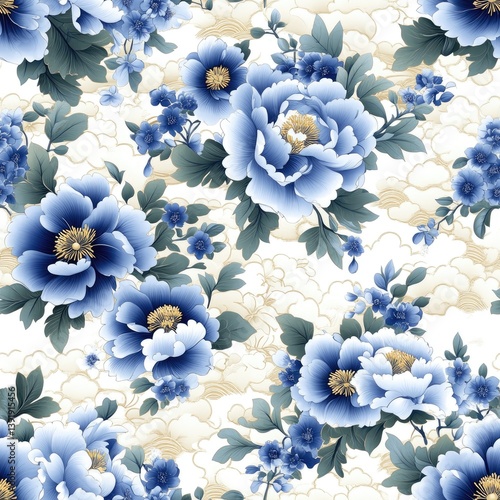 Delicate peonies and clouds intertwine in blue and beige, showcasing traditional Chinese artistry with rich textures and natural colors SEAMLESS PATTERN