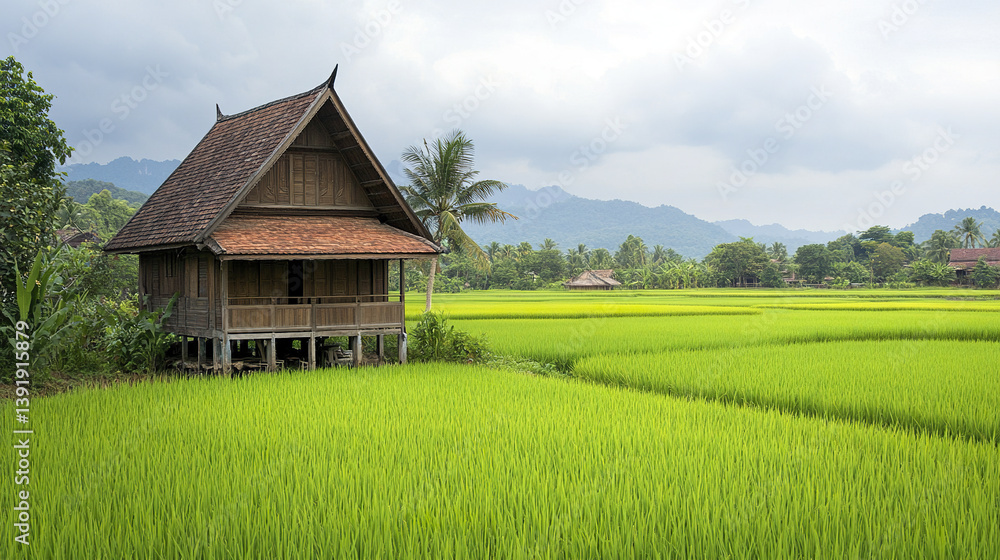 charming wooden Thai village house with steep roof in lush green rice fields charming wooden Thai village house with steep roof in lush green rice fields