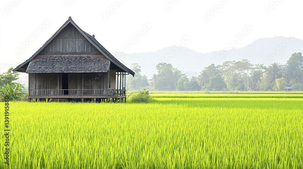 charming wooden Thai village house with steep roof in lush green rice field charming wooden Thai village house with steep roof in lush green rice field