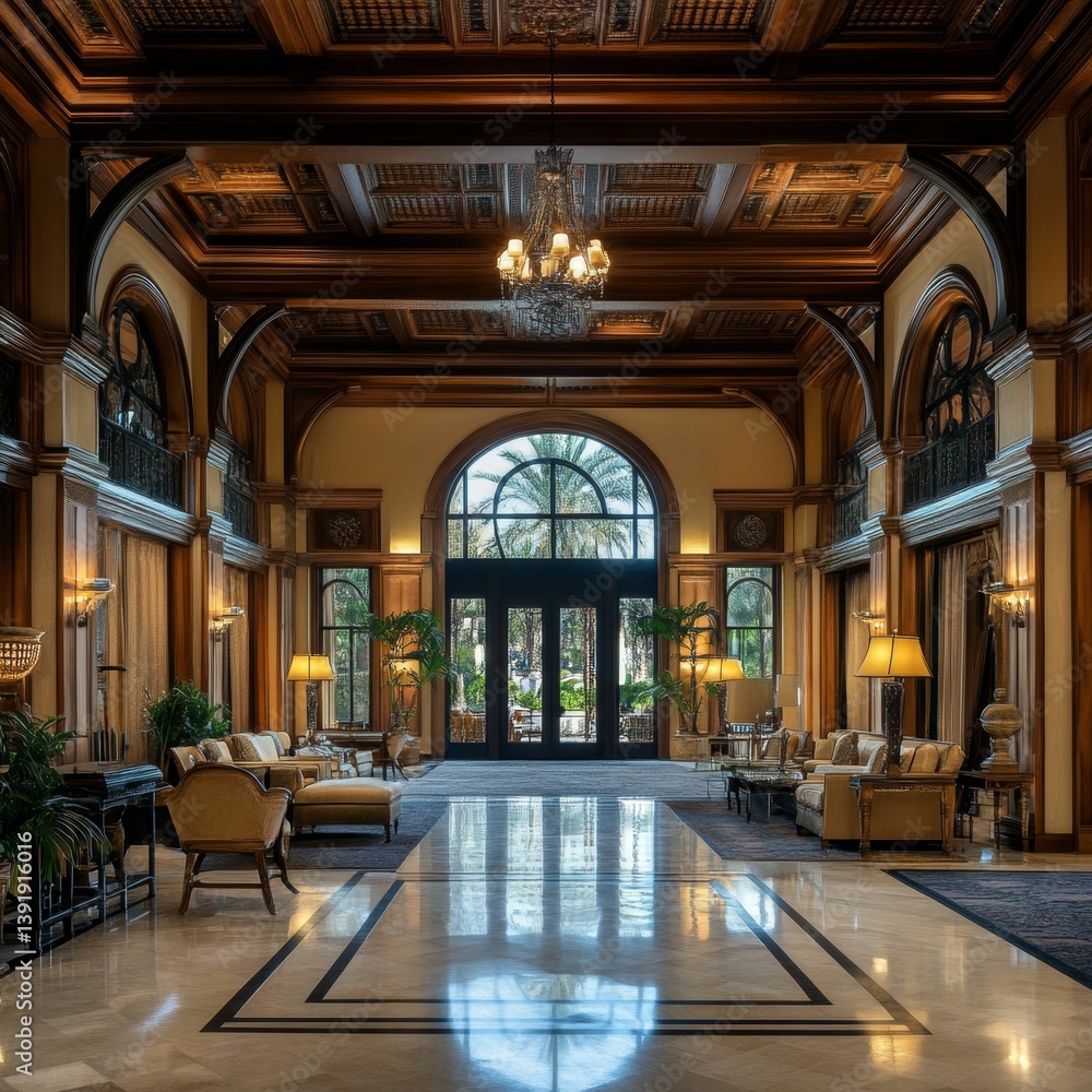 Fototapeta premium Elegant interior lobby with polished floor arched doorway and ornate