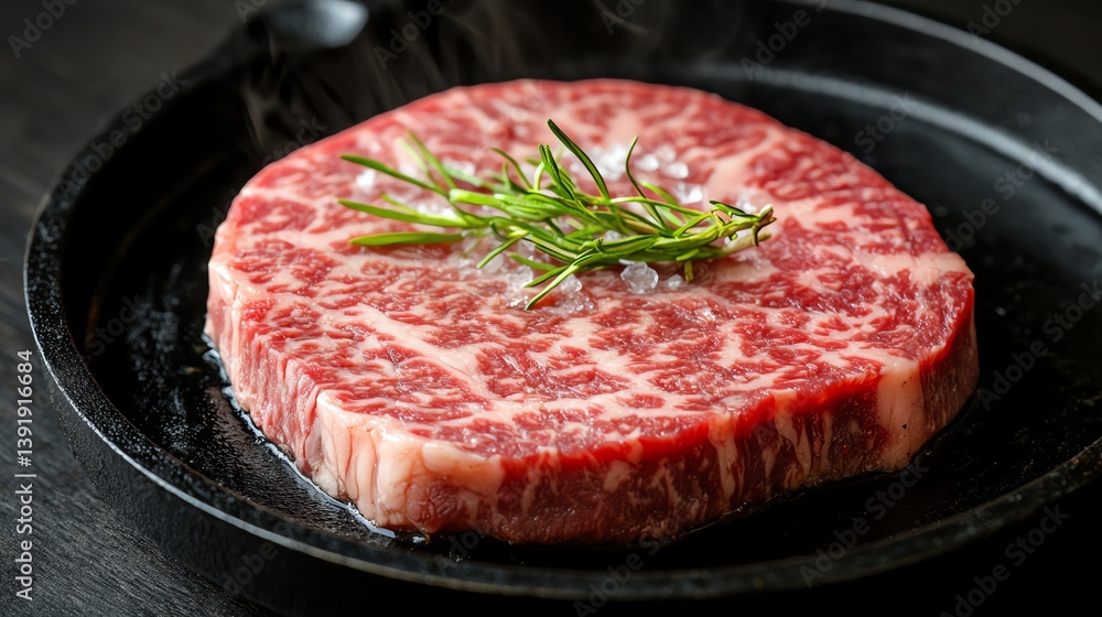 Wagyu beef steak with marbled fat sizzling on a hot cast-iron pan close-up shot realistic texture high detail Wagyu beef steak with marbled fat sizzling on a hot cast-iron pan close-up shot realistic texture high detail