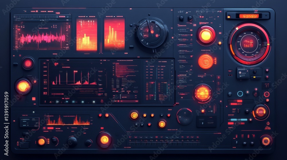 Detailed control panel with glowing lights and digital displays showcasing various data points Detailed control panel with glowing lights and digital displays showcasing various data points