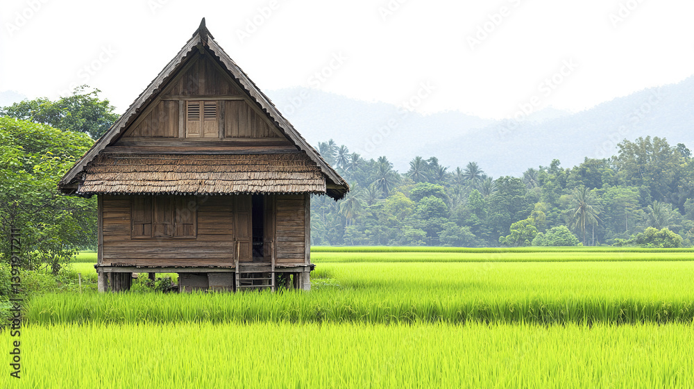 Fototapeta premium charming wooden Thai village house with steep roof stands in lush green rice fields