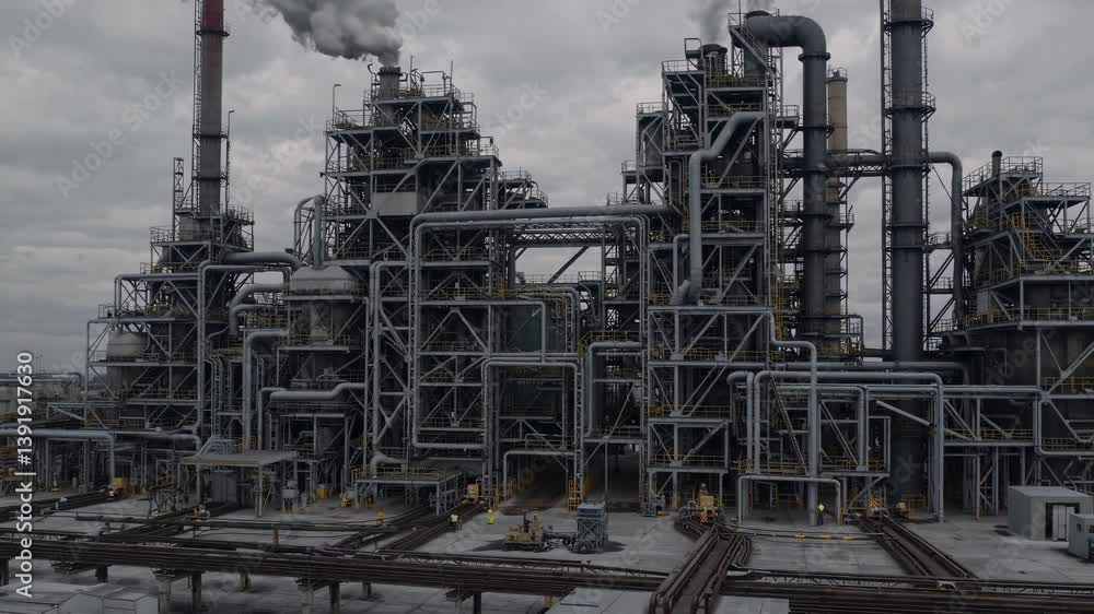 Aerial video of an industrial plant with smoke stacks under cloudy skies, showcasing complex steel structures and piping from a high angle. Aerial video of an industrial plant with smoke stacks under cloudy skies, showcasing complex steel structures and piping from a high angle.