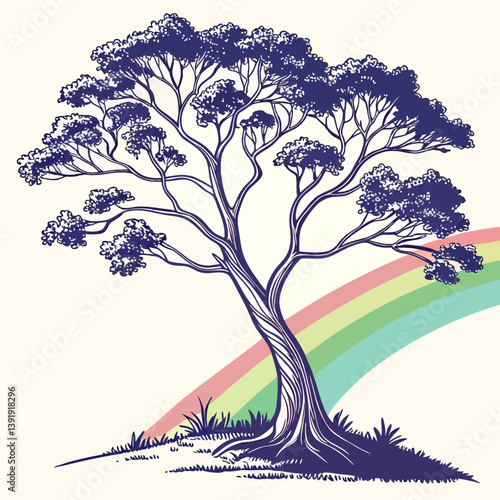 A vibrant and detailed vector illustration of the stunning Rainbow Eucalyptus tree, showcasing its colorful bark and unique beauty.