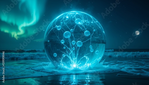 Mystical Glowing Sphere on a Beach with Northern Lights and Moonlit Sky in the Background.