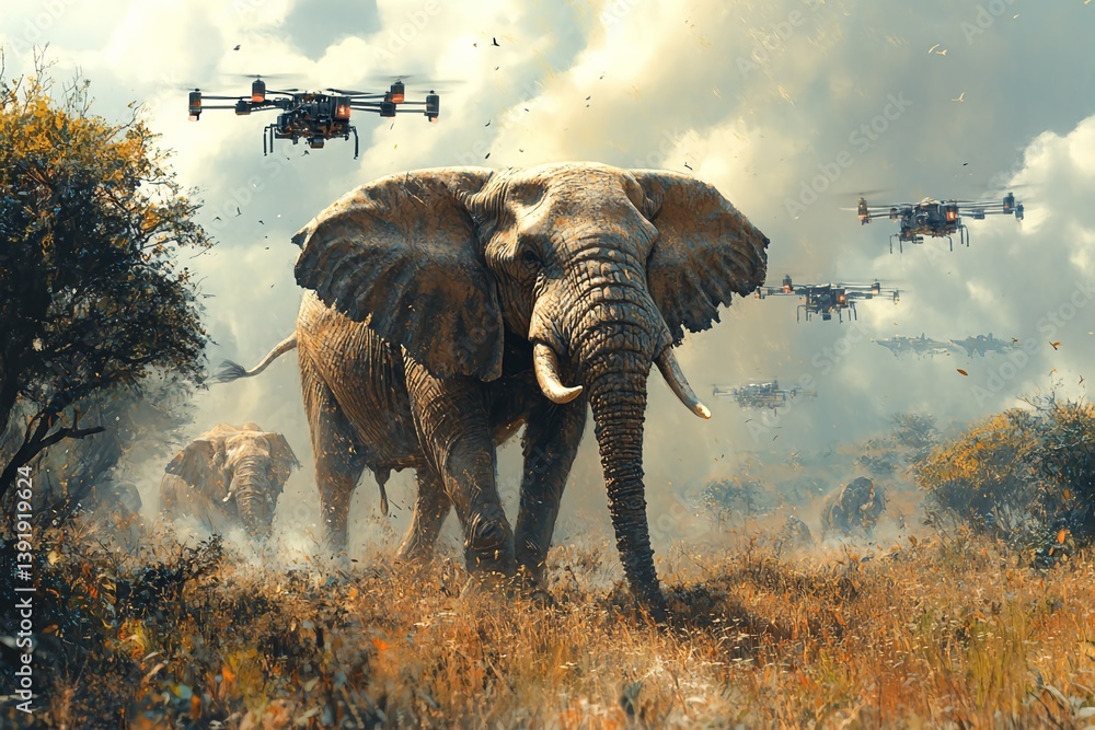 Fototapeta premium Vivid Illustration of Drone-Powered Wildlife Conservation in Action
