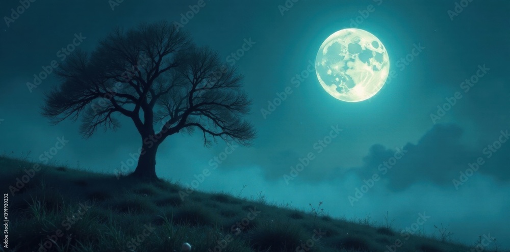 A lone tree stands tall amidst an eerie landscape under the full moon's low-hanging glow, darkness, gloom, moonlight A lone tree stands tall amidst an eerie landscape under the full moon's low-hanging glow, darkness, gloom, moonlight