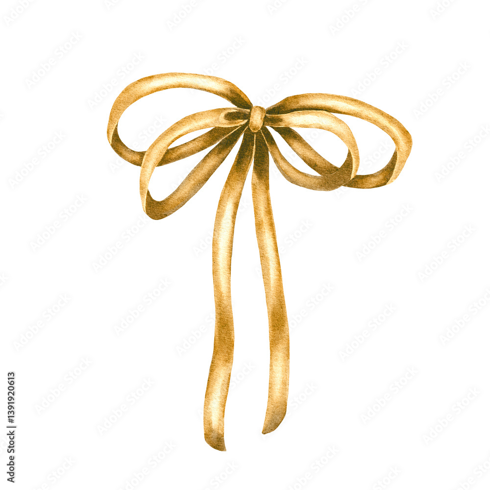 Watercolor illustration of a gold bow with long ribbons. The image is associated with gifts, celebration, femininity. Suitable for printing on postcards, packaging, for social networks Watercolor illustration of a gold bow with long ribbons. The image is associated with gifts, celebration, femininity. Suitable for printing on postcards, packaging, for social networks