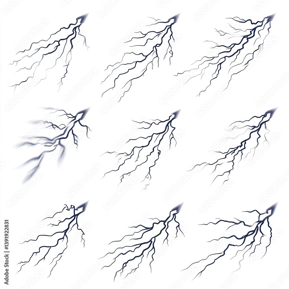 Fototapeta premium A collection of nine unique lightning bolt illustrations. Each design features a distinct branching pattern, conveying powerful energy and dynamic movement. Ideal for game design or graphic assets.